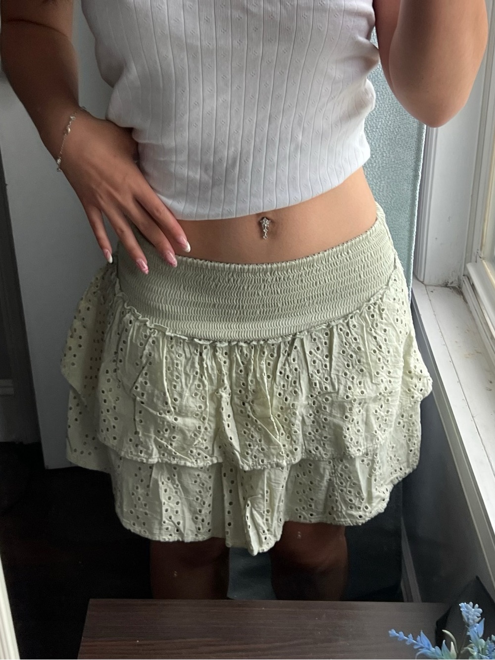 Hollister Light Sage Eyelet Tiered Mini Skirt